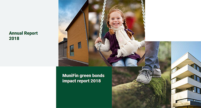 Kuvituskuva, jossa näkyy vuosikertomuksen ja vihreän rahoituksen raporttien kannaet vuodelta 2018.