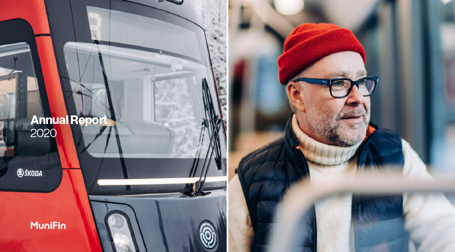 Decorative picture of a tram in Tampere next to a man traveling in it.