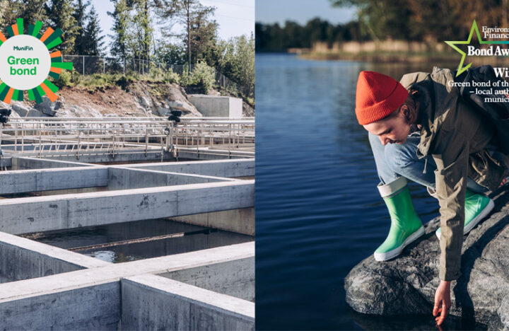 Kuvapari, jossa toisessa kuvassa on vedenpuhdistamon vesialtaita sekä toisessa kuvassa nuori tyttö kumartumassa koskettamaan järven pintaa.