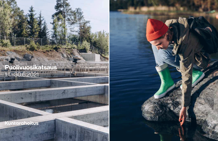 Puolivuosikatsauksen 2021 kansikuva, jossa vasemmalla jätevedenpuhdistamon altaita ja oikealla oranssipipoinen tyttö kurkottelee kalliolta veteen.
