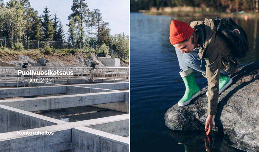 Puolivuosikatsauksen 2021 kansikuva, jossa vasemmalla jätevedenpuhdistamon altaita ja oikealla oranssipipoinen tyttö kurkottelee kalliolta veteen.