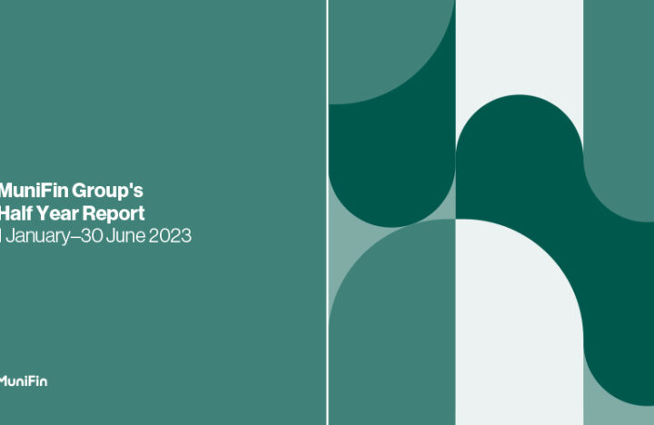 Cover page of the MuniFin Half Year Report 2023. Left side of the cover is green, the right side is decorated with the MuniFin brand pattern.